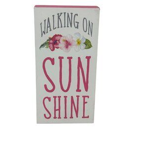 Tropical Wooden Block Sign Walking on Sunshine Floral Home Decor 6" Flamingo